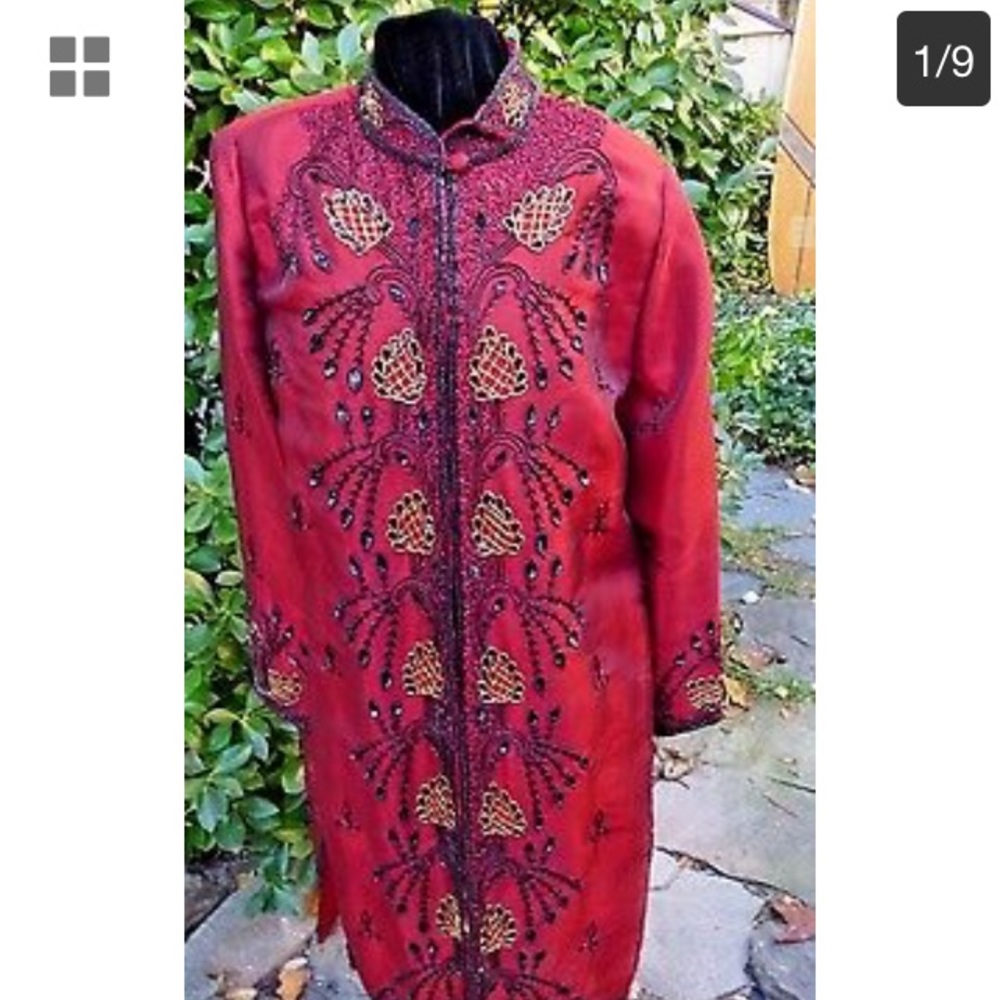 Roaman's Red Black Gold Beads Long Evening Jacket